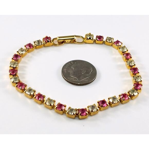 Vintage Trifari Pink Clear Rhinestone Tennis Bracelet,  Gold Plated, 1980s - Picture 10 of 10
